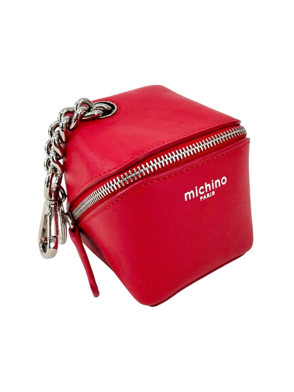 Michino Paris Red Leather Zipper Cube Wallet Mini Key Chain Bag